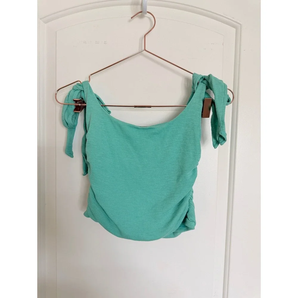 Free People‎ Crop Top Womens Small Mint Green Tie Shoulder Ruched Ribbed Boho